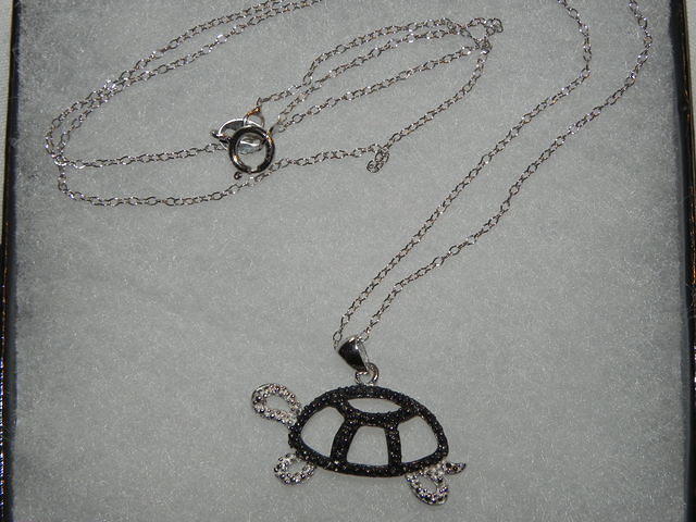 Black amp White Diamond Accent Turtle Pendant - Sterling Silver