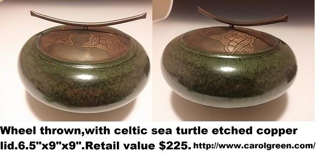 Carol Green Wheel Thrown Vessel With Celtic Sea Turtle Etched Copper Lid