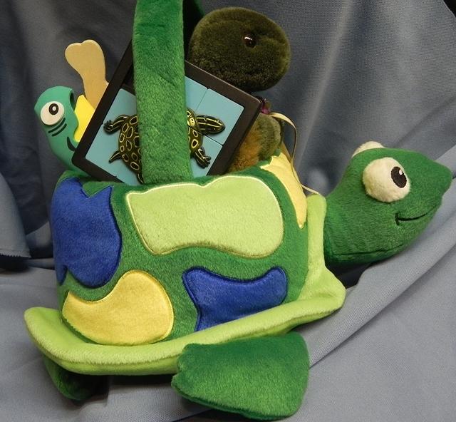 Turtle Basket with stuffed turtle foam hat and turtle puzzle 