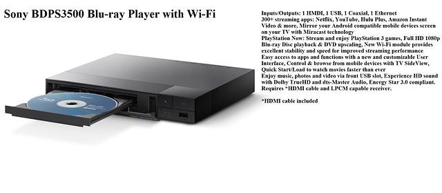 Sony BDPS3500 Blu Ray Player w HDMI cable